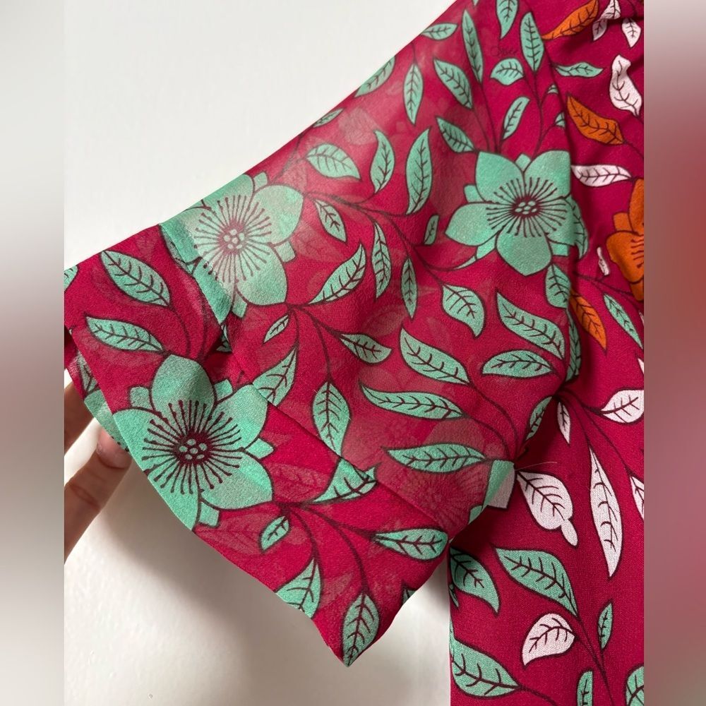 Silk Chiffon Floral Crop Blouse Ruffle Davi Red Green 4 Rare DVF Signature Print - Picture 5 of 8